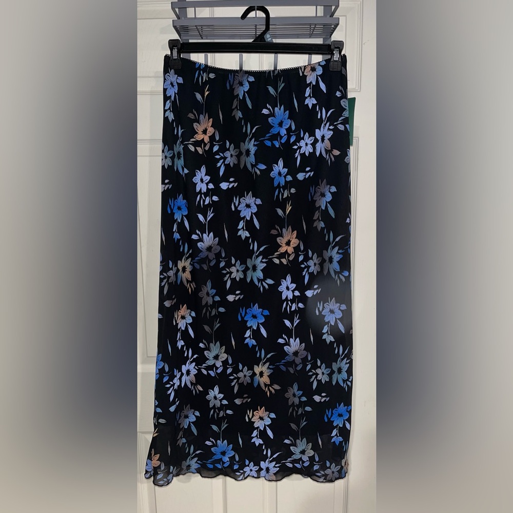 Wild Fable Black Midi Skirt with Blue Floral Design